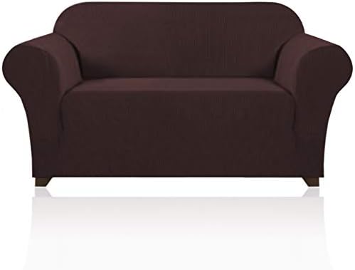 PrinceDeco Stretch Loveseat Sofa Cover Slipcover Couch Cover for 2 Cushion Sofa Washable Sofa Cover for Pets Friendly Furniture Protector Covers with Non Slip Bottom(Loveseat, Brown)