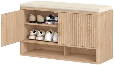 Fluted Shoe Storage Bench, Entryway Bench with Adjustable Shelves