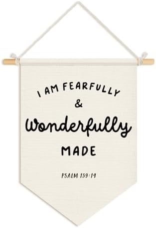 Wheatwin Christian Nursery Decor, I Am Fearfully and Wonderfully Made Wall Hanging Pennant Flag Banner, Bible Verse Wall Decor for Kids Nursery Toddler Room Bedroom Playroom 15x11 Inch
