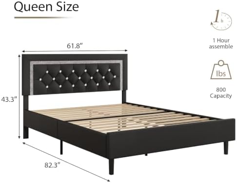 BarnFurin Queen Bed Frame with Tufted Button Headboard, Black
