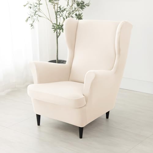 HAOYONG Wing Chair Slipcovers Waterproof Spandex Wingback Chair Covers 2 Pieces Wingback Armchair Slipcover Stretch Chair Slip Covers Washable Armchair Protector Cover for Living Room Bedroom - Beige