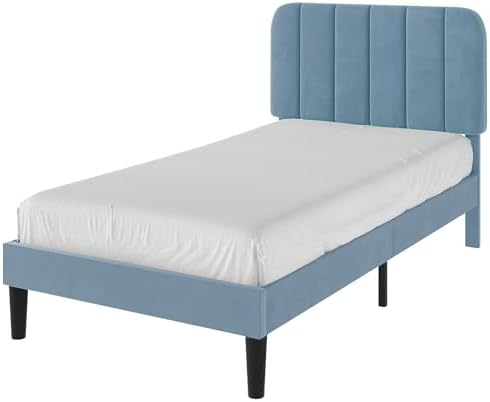 VECELO Twin Size Bed Frame with Upholstered Headboard, Velvet Platform Bedframe Mattress Foundation, Strong Wood Slat Support, No Box Spring Needed,Sky Blue