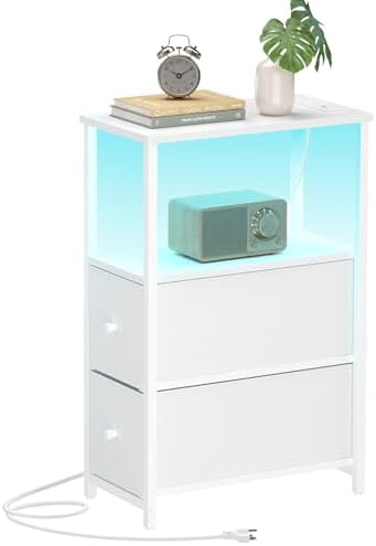 TUTOTAK Narrow LED End Table, Skinny Side Table with Charging Station