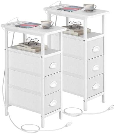 shtmec Narrow End Table Set of 2 with Charging Station, Side Tables Set 2 with Fabric Drawers, Small Bedside Tables Nightstands for Small Space, Slim Sofa Couch Table for Livingroom, White