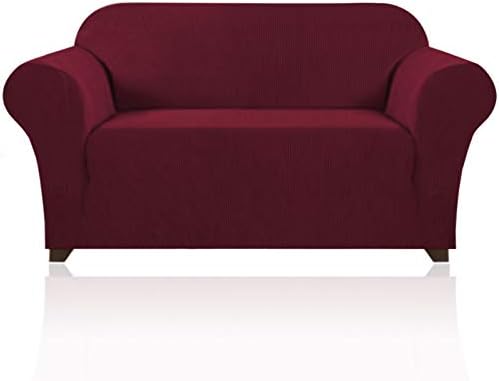 PrinceDeco Stretch Loveseat Sofa Cover Slipcover Couch Cover for 2 Cushion Sofa Washable Sofa Cover for Pets Friendly Furniture Protector Covers with Non Slip Bottom(Loveseat, Burgundy Red)