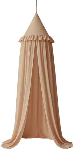 Wonder Space Kids Bed Canopy with Ruffles, Pastel Neutral Color for Boys & Girls, Frilled Cotton Tent Nursery Room Baby Crib Hanging Curtain Mosquito Netting Children Reading Nook Decoration (Nougat)