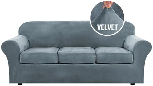H.VERSAILTEX Modern Velvet Plush 4 Piece High Stretch Sofa Slipcover Sofa Cover Furniture Protector Form Fit Luxury Thick Velvet Sofa Cover for 3 Cushion Couch Width Up to 90 Inch (Sofa,Stormy Blue)