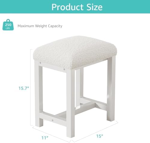 Small Faux Teddy Fur Vanity Stool, Cute Vanity Stools with Cushion, White Makeup Vanity Chair for Small Spaces, Living Room, Bedroom, Bathroom, Entryway, Ottoman Foot Rest for Couch Sillas Modern