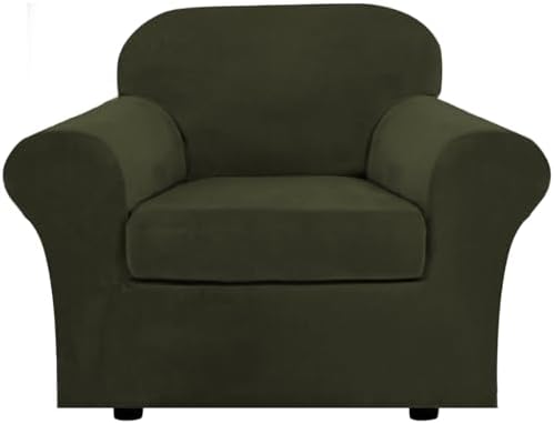 H.VERSAILTEX Rich Velvet Stretch 2 Piece Cover Chair Slipcover Sofa Cover Furniture Protector Couch Soft with Elastic Bottom Chair Couch Cover Width Up to 49 Inch (Chair, Olive)