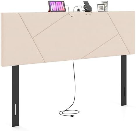 Giantex Headboard with Charging Station, Queen/Full Size Geometric Tufted Upholstered Head Board w/2 AC Outlets, USB & Type-C Port, Rubber Wood Legs, Width Adjustable Modern Bed Headboard Only (Beige)