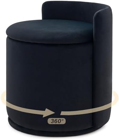 360° Swivel Makeup Chair with Storage, Upholstered Accent Stool with Back, Round Vanity Stool Ottoman for Living Room, Makeup Room, Bedroom (Black)