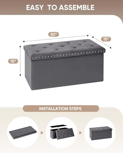 B FSOBEIIALEO Storage Ottoman Bench, 30" Velvet Ottoman With Storage, Grey
