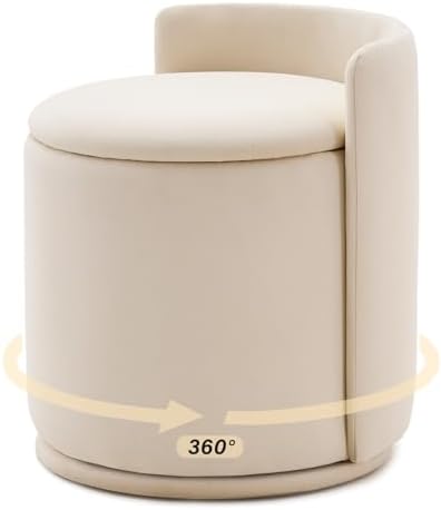 360° Swivel Makeup Chair with Storage, Upholstered Accent Stool with Back, Round Vanity Stool Ottoman for Living Room, Makeup Room, Bedroom (Cream)
