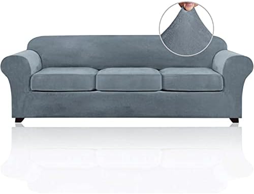 PrinceDeco Velvet XL Couch Cover for Oversized Sofa 4 Piece Sofa Covers for 3 Cushion Couch Washable Furniture Protector with Non Slip Elastic Bottom Width Up to 97 Inch(X-Large, Stone Blue)