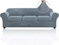 PrinceDeco Velvet XL Couch Cover for Oversized Sofa 4 Piece Sofa Covers for 3 Cushion Couch Washable Furniture Protector with Non Slip Elastic Bottom Width Up to 97 Inch(X-Large, Stone Blue)