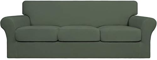 Easy-Going 4 Pieces Stretch Soft Couch Cover for Dogs - Washable Sofa Slipcover for 3 Separate Cushion Couch - Elastic Furniture Protector for Pets, Kids (Sofa, Greyish Green, Large)