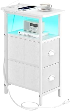 sthmec Narrow End Table with Charging Station, Narrow Side Table with 2 Fabric Drawers, LED End Table, Slim Nightstand with LED Light, Small Side Table for Small Spaces, Living Room, Bedroom, White