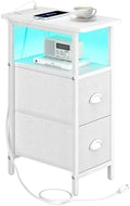 sthmec Narrow End Table with Charging Station, Narrow Side Table with 2 Fabric Drawers, LED End Table, Slim Nightstand with LED Light, Small Side Table for Small Spaces, Living Room, Bedroom, White