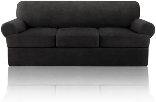 4 Piece T Cushion Sofa Slipcovers Stretch Couch Slip Cover for 3 Cushion Couch Sofa, Machine Washable for Living Room (Black, 3 Cushions)