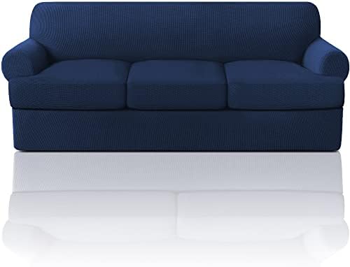 PrinceDeco T Cushion Sofa Slipcover 4 Pieces Sofa Covers for T Cushion Couch Soft Sofa Slip Covers Furniture Protector with 3 Individual T Shape Seat Covers Width Up to 88 Inch -Navy