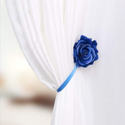 Magnetic Curtain Tiebacks, Rose Flower Tie Backs Rope for Curtains, Elegant 4 Pack Decorative Holdbacks Holders, Home Decor Thin or Sheer Window Drapries Bed Canopy (Blue)
