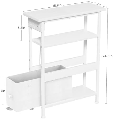 Narrow White Side Table with Charging Station and LED Light, End Table