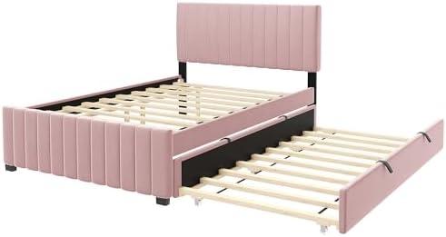 Bellemave Full Bed Frame with Trundle Bed,Velvet Upholstered Platform Bed Frame,Full Size Trundle Bed with Headboard for Kids Teens Adults(Pink)