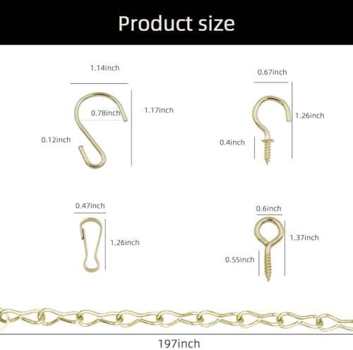 236 Inch Gold Hanging Baskets Chains - Adjustable Length, Brass Decorative Metal Chain with A Great Assortment of Hooks for Hanging Bird Feeders Planters Baskets Billboards Ornaments, Chain Hooks DIY