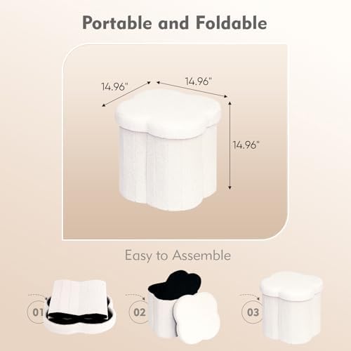 B FSOBEIIALEO Storage Ottoman Cube, 15" Flower Shaped Ottomans, Cream White