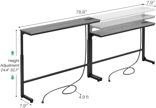 Kitstorack Narrow Sofa Table with Charging Station, 78.8" Behind Couch Table, Adjustable 24.4"-32.7" Height, Modular 2-piece Design for sectionals, entryways, Apartments, and Narrow Living Spaces