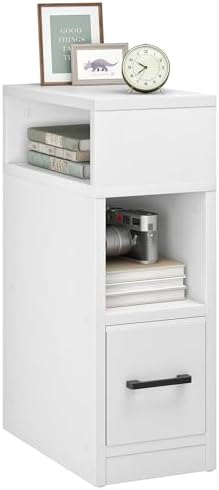 CHOEZON Narrow Side Table, 7.9" Small Nightstand with Drawer, Skinny Bedside Table, for Small Spaces, Flexible Open Compartment, for Bedroom, Living Room, White MBZ11WB