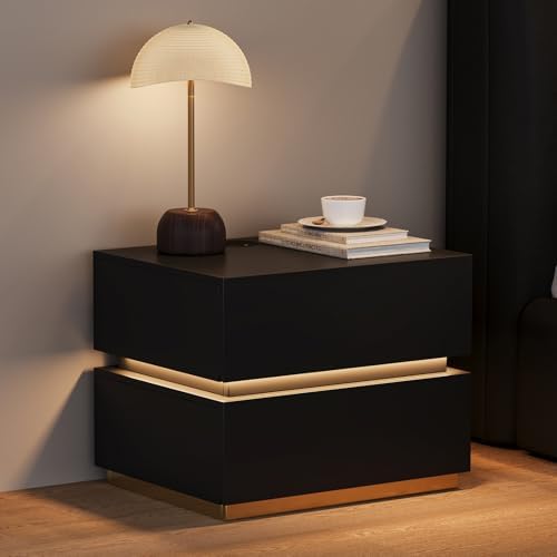 homary Smart Nightstand Set of 2 with Wireless Charging Station, USB & Type-C Ports, LED Light – Modern Black Bedside Table for Bedroom Storage (Black, 2 Drawers)