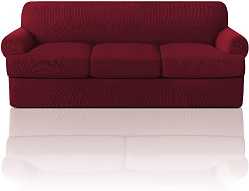 PrinceDeco T Cushion Sofa Slipcover 4 Pieces Sofa Covers for T Cushion Couch Soft Sofa Slip Covers Furniture Protector with 3 Individual T Shape Seat Covers Width Up to 88" Burgundy