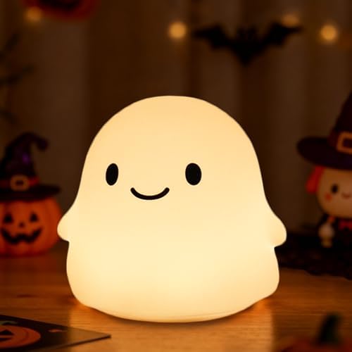 Ghost Night Light for Kids, Cute Squishy Silicone Ghost Lamp, 50-Hour Rechargeable Bedside Light with Tap Control, 2 Brightness Levels, 30-Min Auto-Off Timer, Halloween Gifts