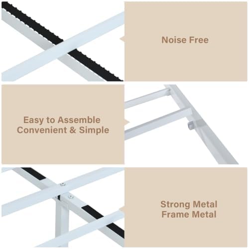Queen Metal Bed Frame with Industrial Headboard, White Brown