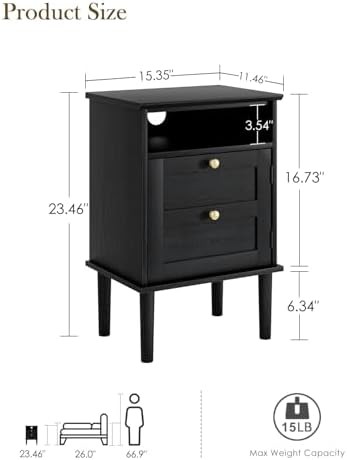 Nightstand, Boho Night Stand with 1 Drawers, Modern Side Accent Table with Open Shelf, Wooden Top Bedside End Table for Bedroom, Living Room, Black