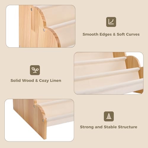 Puricon 4-Tier Kids Bookshelf, Wooden Bookcase Organizer for Toddlers with Deep Pockets & Wavy Edge, Decorative Front-Facing Sling Book Rack for Kids Rooms, Nursery, Playroom and Classroom -Beige