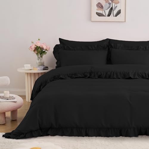Horbaunal 5 Pcs Black Ruffle Duvet Cover Queen Size Soft Microfiber Shabby Chic Ruffled Duvet Cover Set, Vintage French Country Ruffle Bedding Set with Zipper Closure & Corner Ties, 90" x 90"