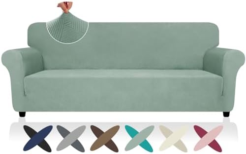 ZNSAYOTX Oversized Super Stretch Couch Cover (92"-115"), New Striped Sofa Covers Comfortable & Durable, Dog Cat Pets Friendly Extra Large Spandex Sofa Slipcovers (Pea Green, XL Sofa)