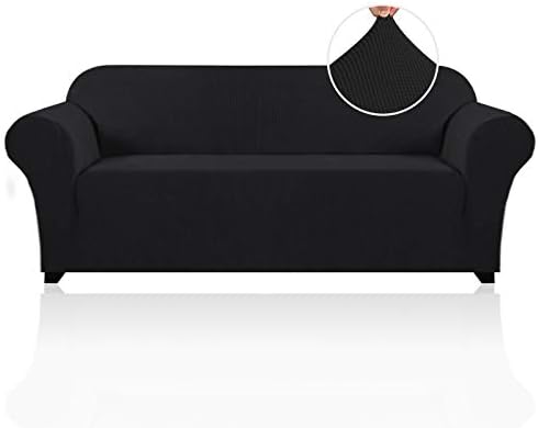 PrinceDeco Stretch Sofa Cover Slipcover Couch Covers for 3 Cushion Couch Furniture Protector Sofa Covers with Non Slip Elastic Bottom Dogs Pet Friendly Fitted (Sofa, Black)
