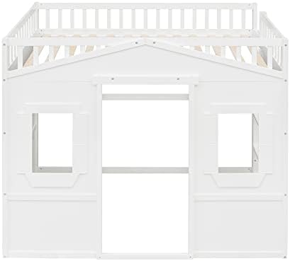 Full Size Loft Bed Space-Saving House Bed Frame with Safety Guard & Ladder for Small Bedroom, White