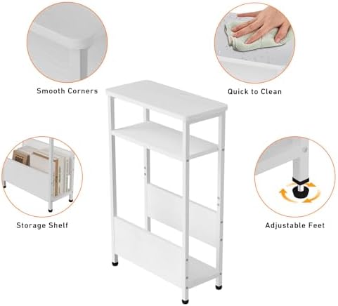THUMEYE 7.1" Narrow Side Table for Small Spaces, 3 Tier Small End Table with Magazine Holder, Slim/Skinny Nightstand/Bedside Table for Living Room, Bedroom, 15.4" L x 24.2" H, White