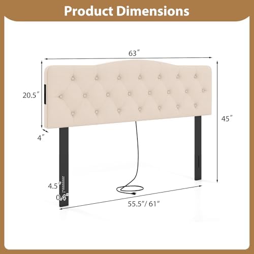 GIANTEX Headboard with Charging Station, Queen/Full Size Button Tufted Upholstered Head Board w/2 AC Outlets, USB & Type-C Port, Rubber Wood Legs, Width Adjustable Modern Bed Headboard Only (Beige)