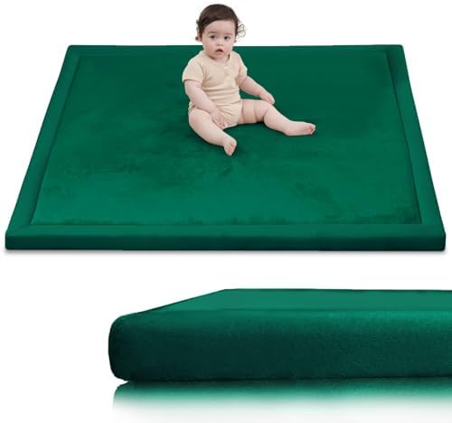 Huloo Sleep Ultra Soft Baby Play Mat for Floor, 1.3" Thick Elasti-Foam 65x50 Play Mat for Playpen,Water-Repellent Coral Velvet for Tummy Time, Non-Slip Backing,Safe for Toddlers & Infants（Dark Green)