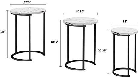 Lavish Home Round Nesting Tables Set of 6, Faux Marble Tabletop, White