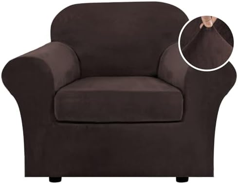 H.VERSAILTEX Rich Velvet Stretch 2 Piece Cover Chair Slipcover Sofa Cover Furniture Protector Couch Soft with Elastic Bottom Chair Couch Cover with Arms Width Up to 49 Inch(Chair,Brown)