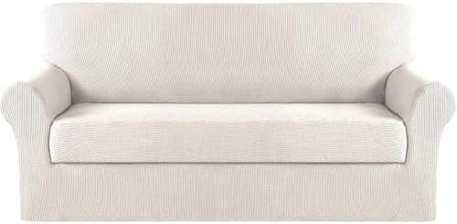 Turquoize Stretch Sofa Slipcover 2 Pieces Sofa Cover Couch Cover for 3 Cushion Couch Washable Furniture Protector Covers with Elastic Bottom Feature Thick Jacquard Fabric (Sofa, Ivory)