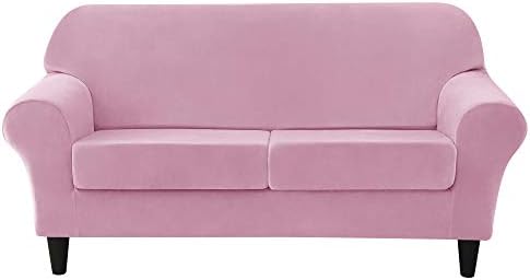 OBCREAT 3 Pieces Sofa Slipcover Stretch Velvet Sofa Covers for 2 Cushion Couch Loveseat Covers Soft Couch Cover with Elastic Bottom Non Slip Furniture Protector for Pets Kids (Pink, Medium)