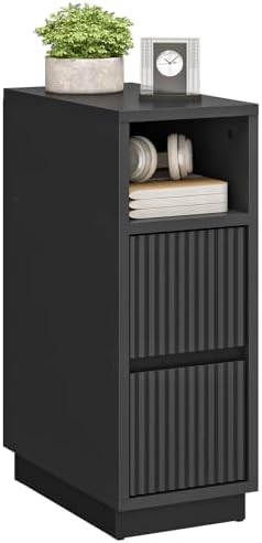 CHOEZON 8.7" Narrow Fluted Nightstand, Small Bedside Table with Drawers, Skinny Side Table, Modern Nightstand with 1 Semi-Open Shelf, Floating End Table, for Living Room, Bedroom, Black MBZ12BB