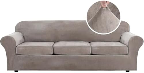 H.VERSAILTEX High Stretch Sofa Slipcover 4 Piece Cover Velvet Furniture Protector Form Fit Thick Velvet Extra Large Sofa Cover for 3 Cushion Couch Width Up to 97 Inch (Large Sofa, Taupe)